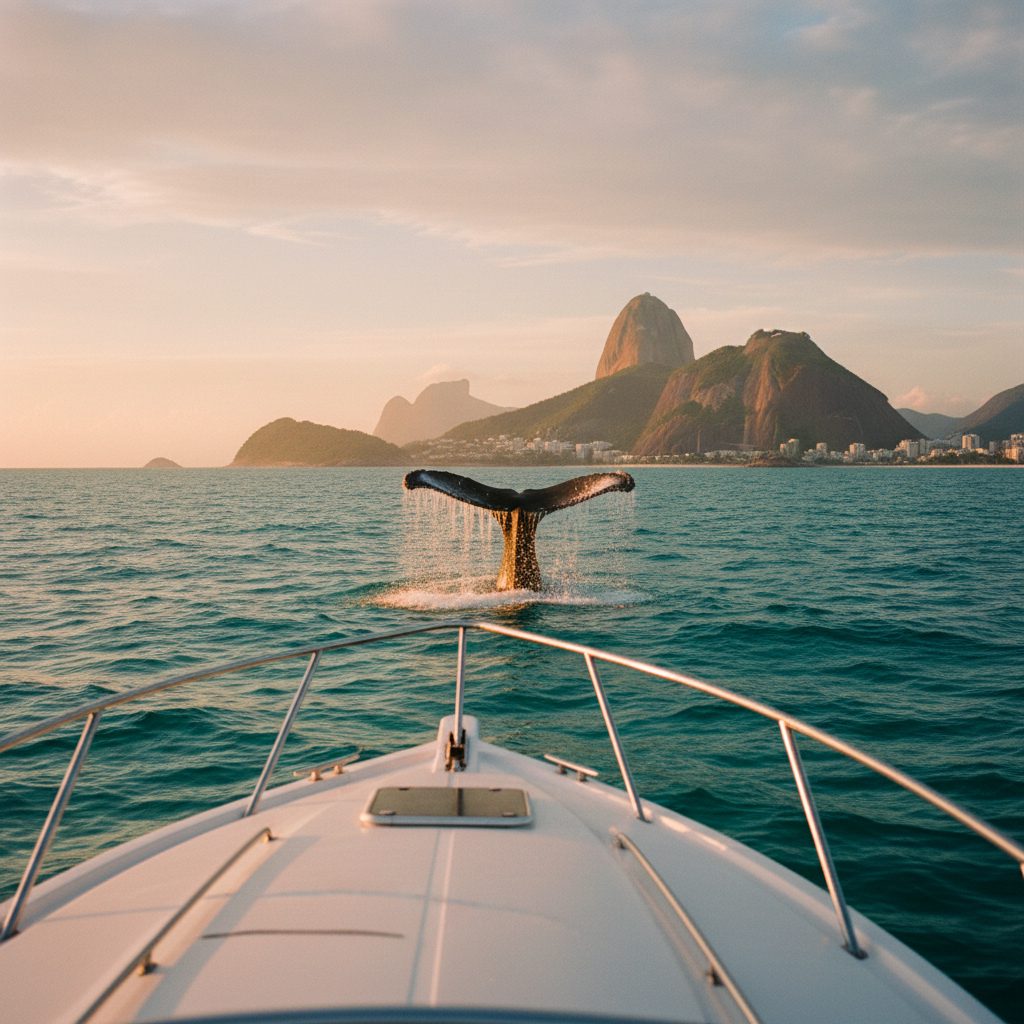 A touring boat glides across turquoise water off Barra da Tijuca as a humpback whale breaches in the golden-hour distance