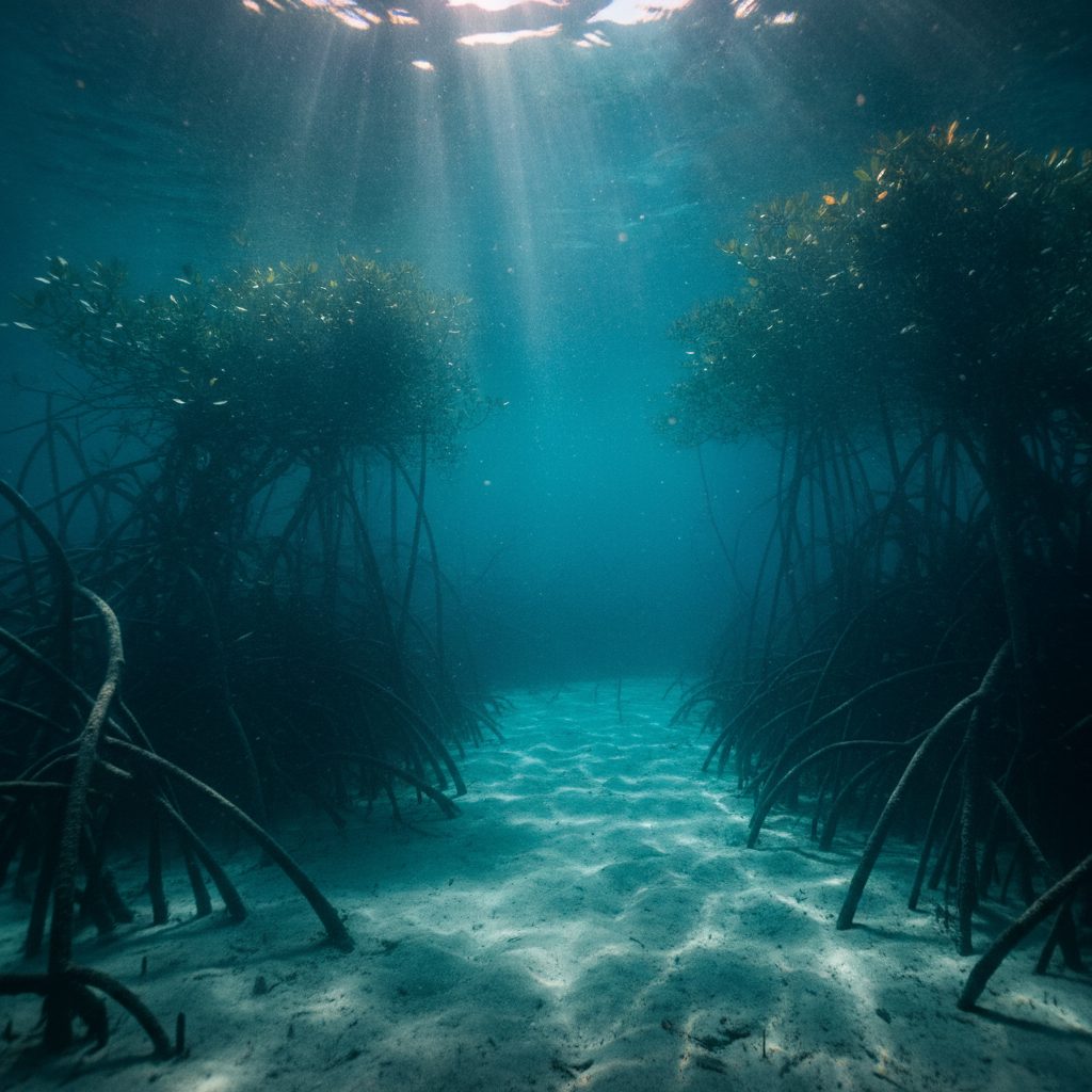 Sunlit mangrove tunnel with turquoise water
